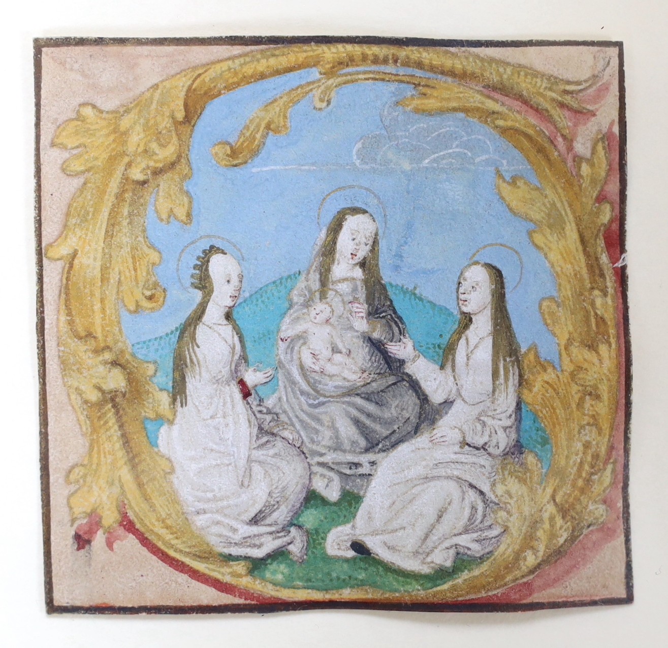 French School, 16th century, gouache on vellum, panel extract from a choir book, Abbott & Holder label verso and original purchase receipt, 6 x 6cm